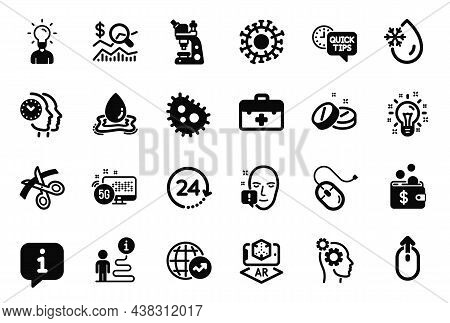 Vector Set Of Science Icons Related To Bacteria, Quick Tips And Microscope Icons. First Aid, Medical
