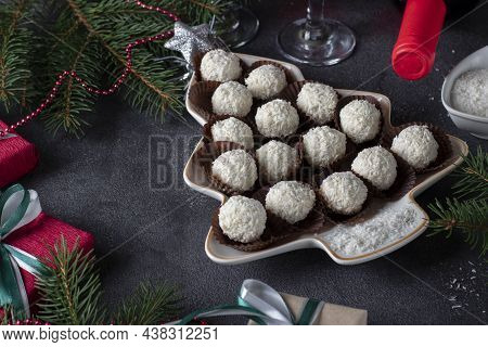 Sweet Coconut Rafaello Candies Served In Plate As Christmas Tree On Dark Gray Background