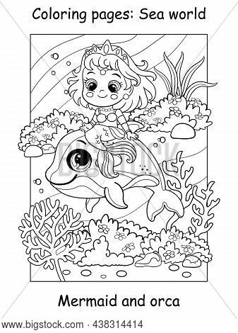 Beauty Cute Mermaid Rides An Orca. Coloring Book Page For Children. Vector Cartoon Illustration Isol
