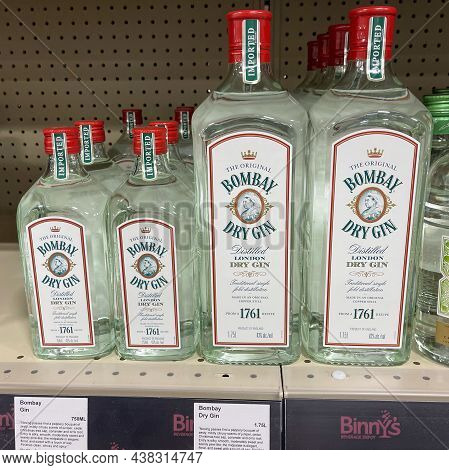 A Display Of Bottles Of Bombay Dry Gin  At A Binneys Liqour Store In Springfield, Illinois.