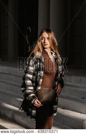 Outdoor Fashion Portrait Of Young Beautiful Fashionable Girl Wearing Trendy Checkered Shirt, Solid L