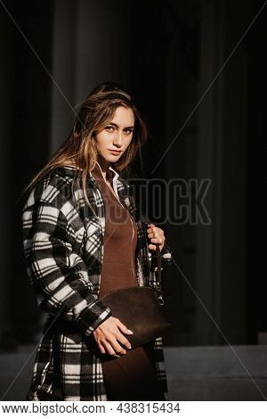 Outdoor Fashion Portrait Of Young Beautiful Fashionable Girl Wearing Trendy Checkered Shirt, Solid L