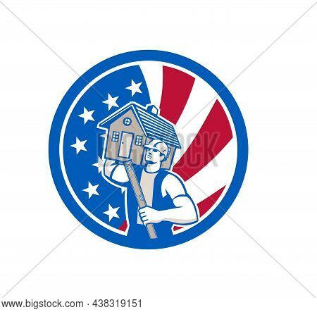 Icon Retro Style Illustration Of An American Carpenter Or Builder Carrying A House With Spirit Level