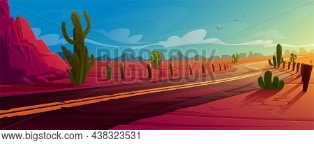 Arizona Desert Landscape With Asphalt Road, Rocks And Cacti. Wild West Highway In American Canyon, H
