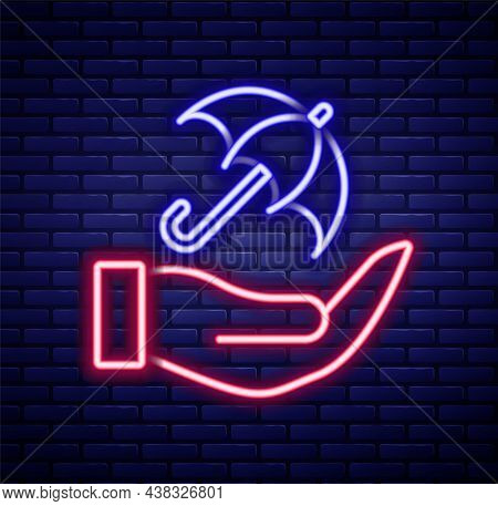 Glowing Neon Line Umbrella In Hand Icon Isolated On Brick Wall Background. Insurance Concept. Waterp