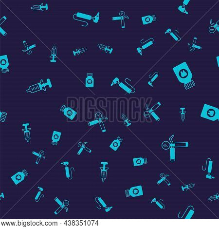 Set Syringe, Toothache Painkiller Tablet, Drill And Dental Mirror And Probe On Seamless Pattern. Vec