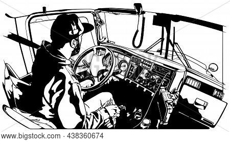 Professional Truck Driver Driving Truck Vehicle Going For A Long Transportation Route - Black And Wh
