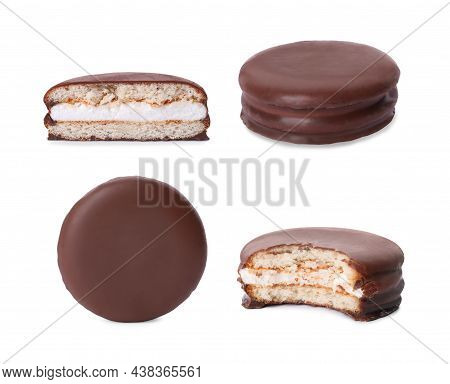 Set With Tasty Choco Pies On White Background