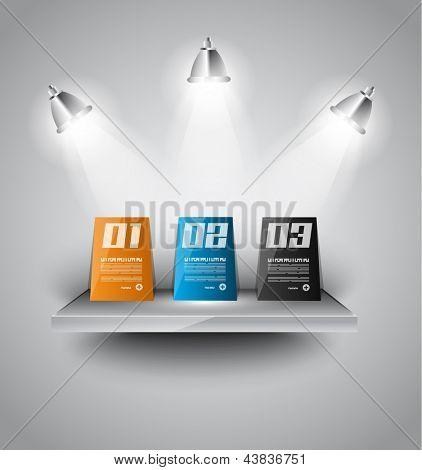 infografica carta pannelli sopra una mensola moderna con faretti led. Delicate luci e ombre.