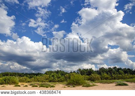 Panorama Of The Warm Gulf Of Riga Of The Baltic Sea Against The Background Of Cumulus Clouds. The Co
