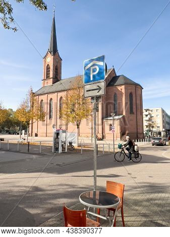 Kehl, Germany - Oct 27, 2021: Friedenskirche Church, Marktplatz With Deutsche Telecom Phone Booth An