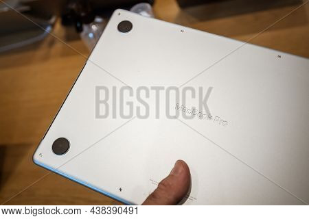 Paris France - Sep 24, 2021: Engraved Text On The New Apple Computers Macbook Book Pro 16 Inch Lapto