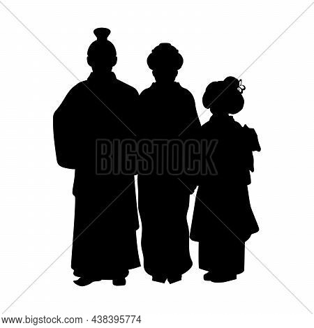 Silhouette Family Of Dad Mom And Daughter In National Asian Costume. Illustration Symbol Icon