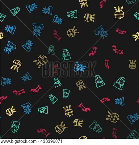 Set Line Statue Of Liberty, Benjamin Franklin, Barbecue Grill And On Seamless Pattern. Vector