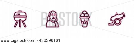 Set Line Barbecue Grill, Ice Cream In Waffle Cone, Benjamin Franklin And Cannon Icon. Vector