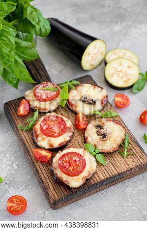 Eggplant Pizza With Tomatoes Sauce, Mozzarella, Mushrooms And Fresh Basil. Vegetarian Dish. Selectiv