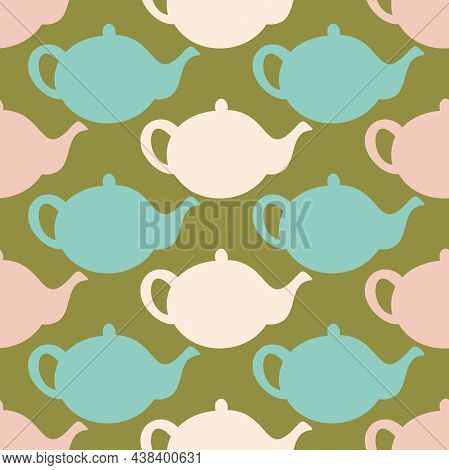 Vector Seamless Pattern With Silhouettes Of Teapots Arranged Chequerwise. Design With Hand Drawn Tea