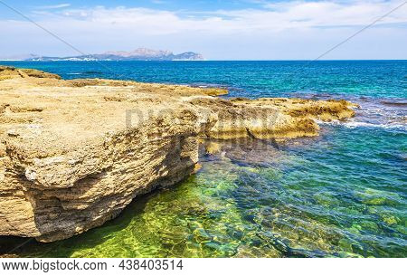 Beautiful Coast And Beach Landscape Panorama Can Picafort Mallorca Spain.