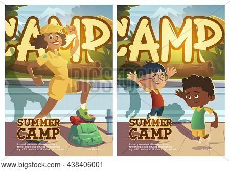 Kids Summer Camp Cartoon Posters, Children With Map And Magnifier And Cheerful Boyscout Counselor In