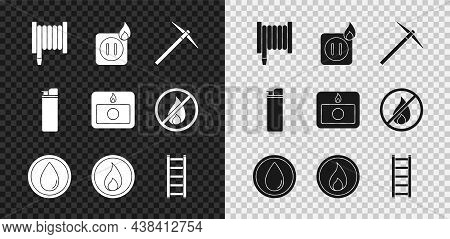 Set Fire Hose Reel, Electric Wiring Of Socket In Fire, Pickaxe, Water Drop, Flame, Escape, Lighter A