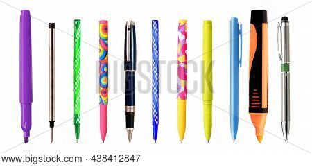 Set Of Ball Pens, Marker Or Felt-tip Isolated On White Background