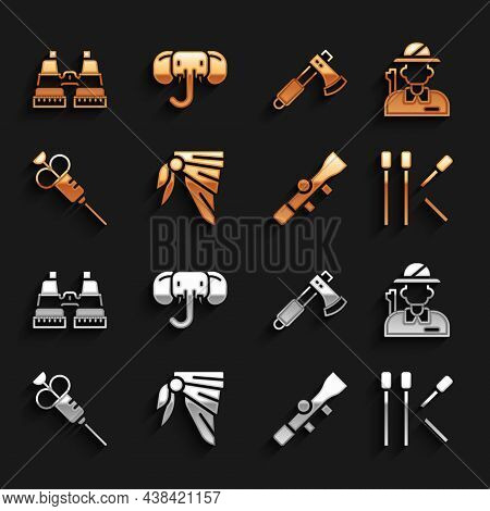 Set Bandana Or Biker Scarf, Hunter, Matches, Sniper Optical Sight, Syringe, Wooden Axe, Binoculars A