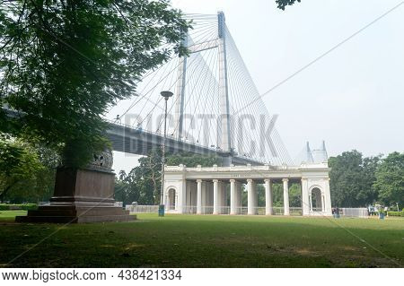 Prinsep Ghat Architecture Landscape Against Howrah Bridge In Background And Park On Foreground, Famo