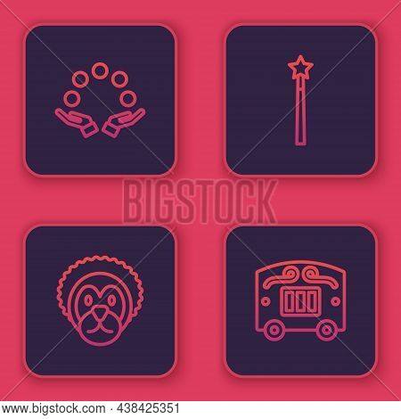 Set Line Juggling Ball, Wild Lion, Magic Wand And Circus Wagon. Blue Square Button. Vector