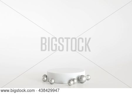White Podium With Silver Pearls On The White Background, Simple Geometric Form. Podium For Product, 
