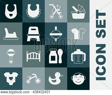 Set Little Boy Head, Baby Bottle, T-shirt, Stroller, Potty, Bib And Whirligig Toy Icon. Vector
