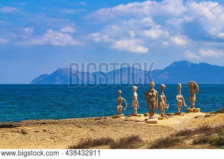 Sculptures Coast And Beach Landscape Panorama Can Picafort Mallorca Spain.