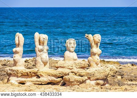 Sculptures Coast And Beach Landscape Panorama Can Picafort Mallorca Spain.