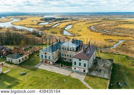 Manor House Of Priklonsky Rukavishnikovs On Oka River. Aerial Drone View Of Historical Residence Of 