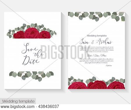 Vector Floral Invitation Template. Red Roses, Rununculus, Green Leaves, Eucalyptus.