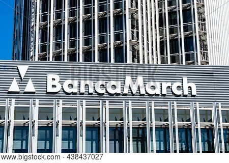 Madrid, Spain - September 12, 2021: Banca March Bank Signage In The Facade Of Skyscraper