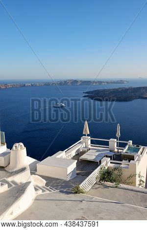Imerovigli, Santorini, Greece - June 29, 2021: Beautiful White Terrace In The Village Of Imerovigli 