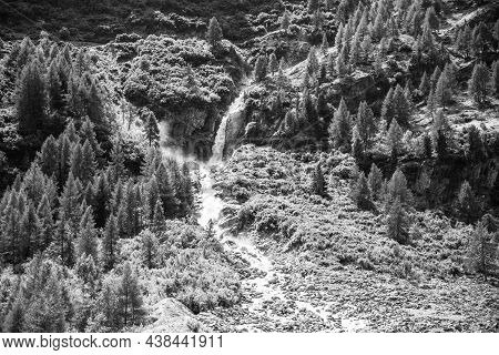 Wild Alpine Waterfall On Schlatenbach Mountain Stream. Gschloesstal Valley, Hohe Tauern National Par