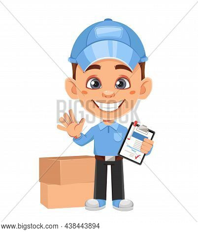 Courier Cartoon Character. Funny Delivery Man Standing With Clipboard. Stock Vector Illustration On 