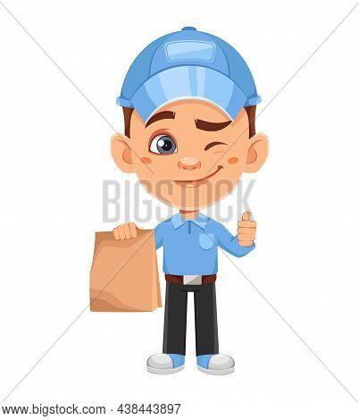 Courier Cartoon Character. Funny Delivery Man Holding Paper Bag. Stock Vector Illustration On White 