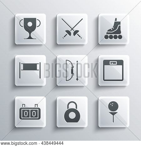 Set Kettlebell, Golf Ball On Tee, Bathroom Scales, Bow And Arrow In Quiver, Sport Mechanical Scorebo