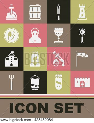 Set Medieval Castle Gate, Flag, Chained Mace Ball, Sword, Monk, Ancient Coin, Sword The Stone And Go