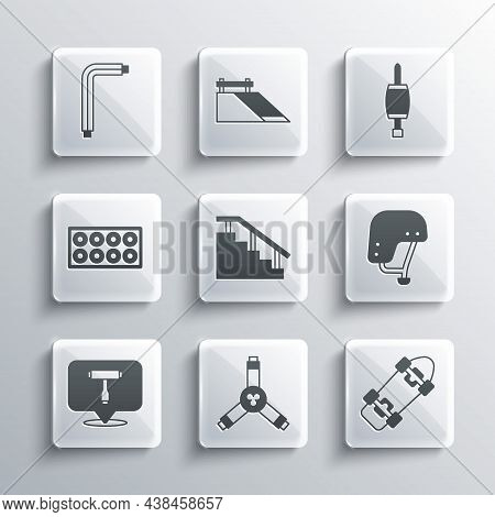 Set Skateboard Y-tool, Helmet, Stairs With Rail, T, Wheel, Tool Allen Keys And Screwdriver Icon. Vec