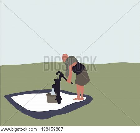 Man Pumping Water From A Well In Village. Hand Pump Borewell. Modern Vector Character In Flat Design