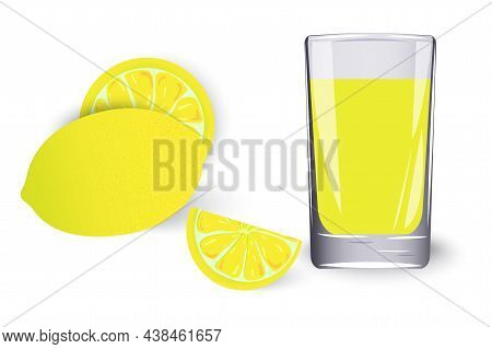 Colorful Lemon On White Background. A Glass Of Lemonade. Lemon Wedges, Whole Lemon. Vector Illustrat