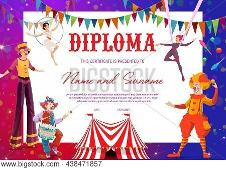 Shapito Circus. Kids Education Or Award Diploma With Clowns And Aerial Gymnasts. Vector Certificate 
