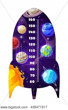 Kids Height Chart Of Cartoon Space Rocket And Planets. Vector Galaxy Growth Measure Meter With Ruler