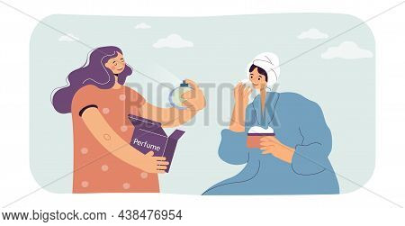 One Woman Using Facial Perfume Water And Another Putting On Face Cream. Home Spa Day Flat Vector Ill