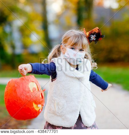 Toddler Girl Holding Selfmade Lantern For St. Martin Procession. Child Wear Medical Mask. Children A