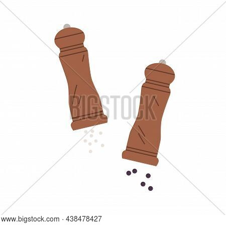 Salt Shaker And Black Pepper Mill With Sprinkling Seasonings. Wood Bottles And Grinders For Condimen