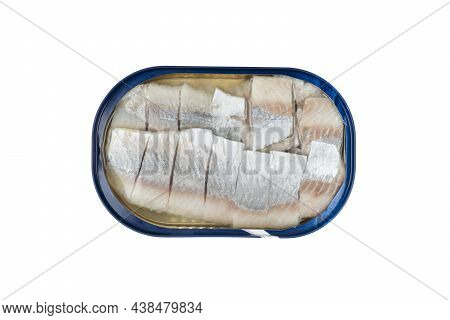 Herring Fish In A Metal Jar Isolated On A White Background With Clipping Path. Top View. Herring In 